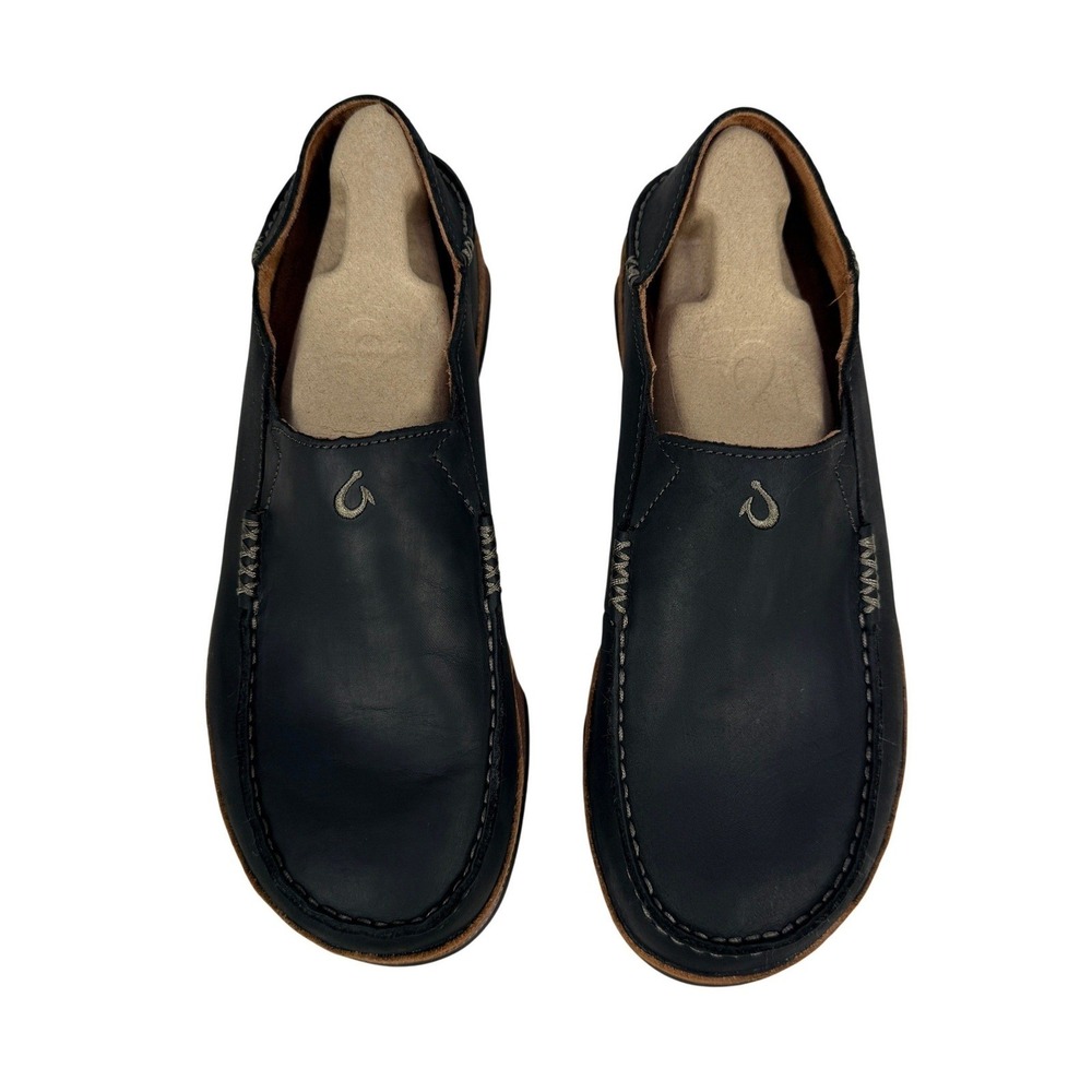 OluKai Moloa Mens Black Toffee Leather Slip On Loafers Shoes 10128-4033 Size 9